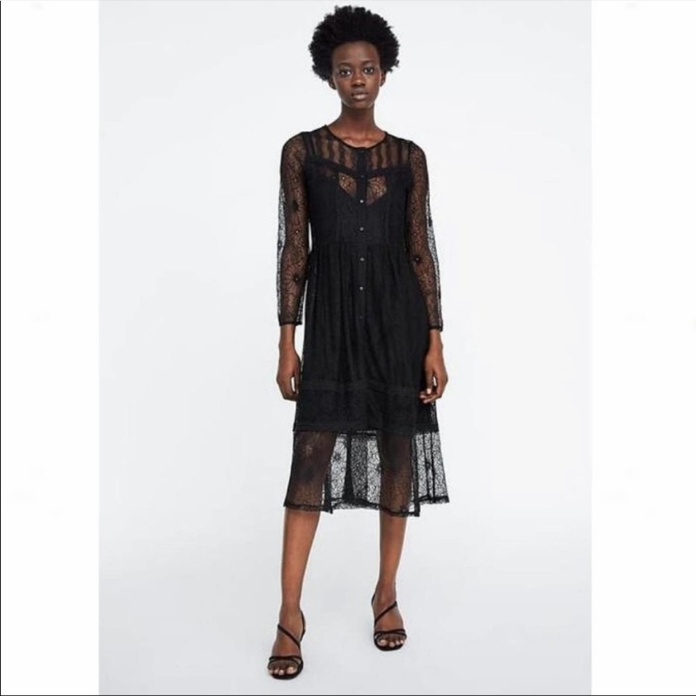 Black lace sheer midi dress size medium Zara